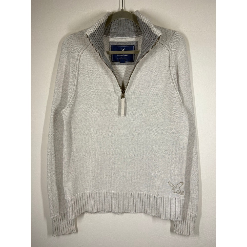 American Eagle Mens Quarter Zip Sweater M Grey Cream Knit Preppy Old Money